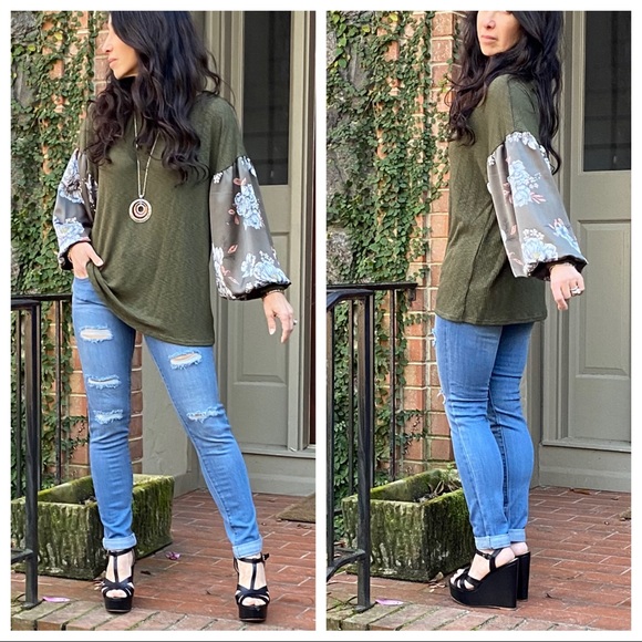 ✨LAST ONE✨Floral sleeves olive chic unique top - Picture 5 of 9